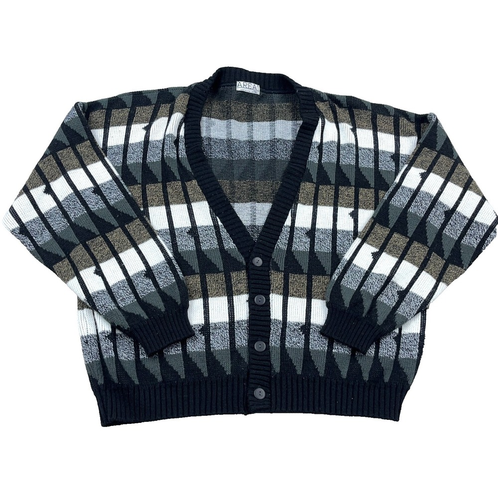 Vintage Cardigan Sweater Men Large  Geometric Grandpa 90s Made USA Knit Acrylic